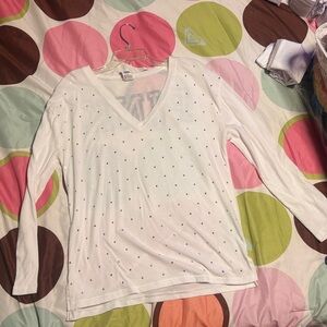 PINK Victoria's Secret White V-Neck Long Sleeve Top with Tiny Dot Embellishments
